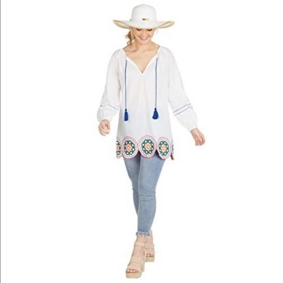 Mud pie White Blue Embroidered V-Neck Monaco Tunic top coverup Size Small NWT - Picture 3 of 12